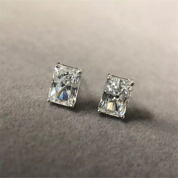 New 925 Silver Radiant Diamond Stud Earrings - Picture 6 of 6